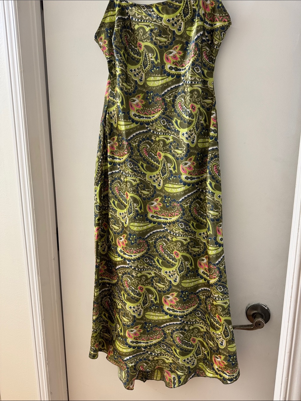 Satin Paisley Maxi Dress in Olive Green